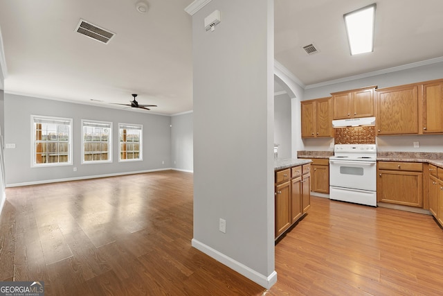 7177 Fringe Flower Dr, Austell, GA 30168 - kitchen featuring white electric range, under cabinet range hood, ornamental molding, a ceiling fan, and light wood-style flooring