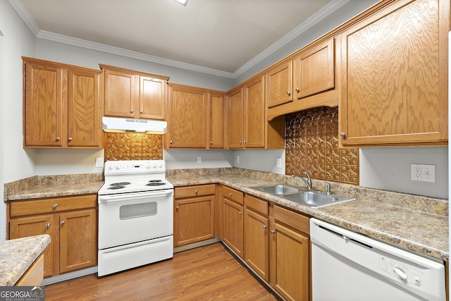 7177 Fringe Flower Dr, Austell, GA 30168 - kitchen featuring white appliances, under cabinet range hood, ornamental molding, light wood-style flooring, and light countertops