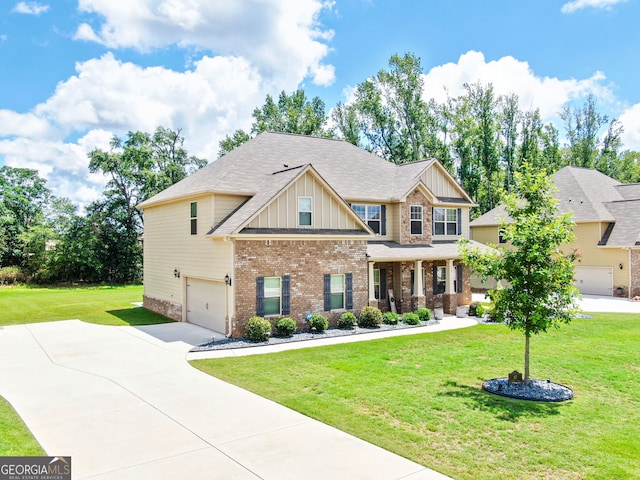 117 Elkins Blvd, Locust Grove, GA 30248 - craftsman house featuring board and batten siding, brick siding, an attached garage, driveway, and a front lawn