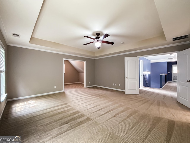 35 Paddle Boat Cv, Senoia, GA 30276 - unfurnished room with a raised ceiling, ceiling fan, light colored carpet, and crown molding