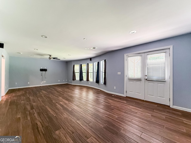 35 Paddle Boat Cv, Senoia, GA 30276 - unfurnished living room with ceiling fan, dark wood-style flooring, recessed lighting, and french doors