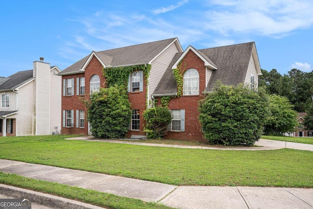 1135 Misty Meadows Way, Hampton, GA 30229 - colonial-style house with brick siding, a front lawn, and a shingled roof