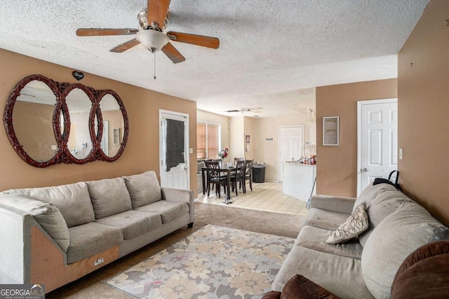 1135 Misty Meadows Way, Hampton, GA 30229 - living room featuring a ceiling fan, light carpet, and a textured ceiling
