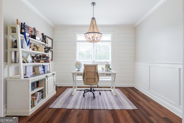 7270 Tillman Branch Rd, Hahira, GA 31632 - office area featuring dark wood-type flooring, ornamental molding, and a chandelier
