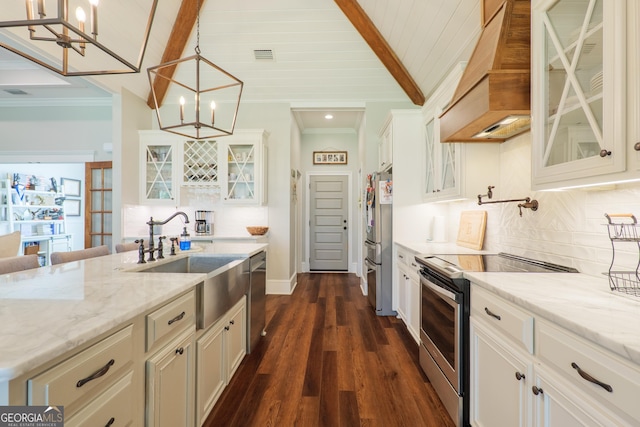 7270 Tillman Branch Rd, Hahira, GA 31632 - kitchen featuring stainless steel appliances, custom range hood, white cabinets, a chandelier, and backsplash