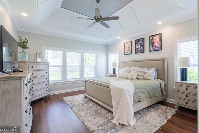 7270 Tillman Branch Rd, Hahira, GA 31632 - bedroom with coffered ceiling, dark wood finished floors, crown molding, recessed lighting, and a ceiling fan