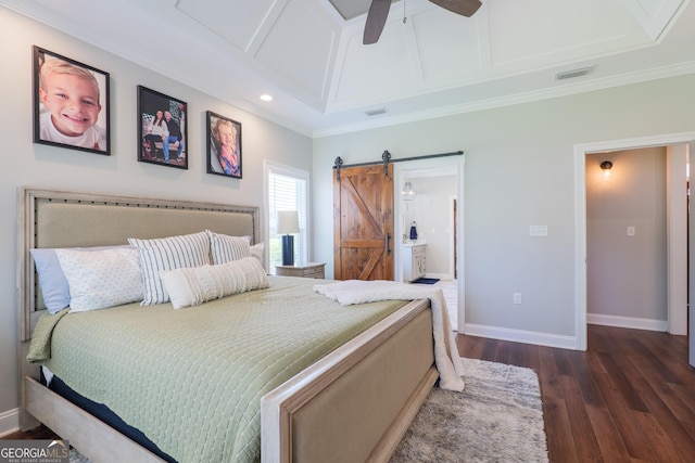 7270 Tillman Branch Rd, Hahira, GA 31632 - bedroom with a barn door, wood finished floors, recessed lighting, ornamental molding, and ceiling fan