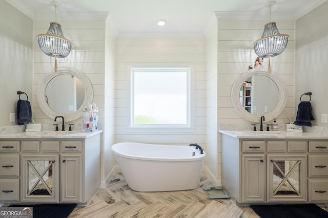 7270 Tillman Branch Rd, Hahira, GA 31632 - full bath featuring two vanities, a freestanding bath, and ornamental molding