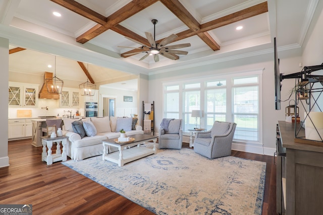 7270 Tillman Branch Rd, Hahira, GA 31632 - living room with beamed ceiling, ceiling fan, dark wood-type flooring, a chandelier, and recessed lighting