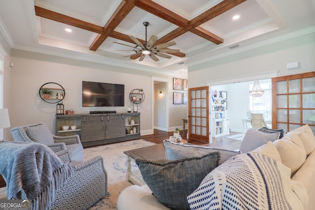 7270 Tillman Branch Rd, Hahira, GA 31632 - living area featuring ceiling fan, ornamental molding, beamed ceiling, coffered ceiling, and wood finished floors