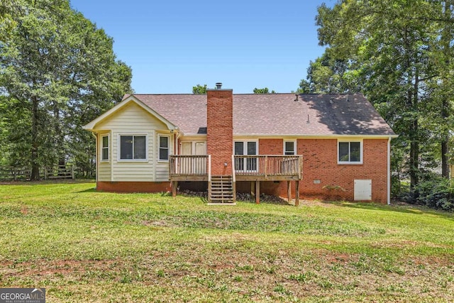11473 Summer Creek Dr, Hampton, GA 30228 - back of house featuring a deck, a chimney, a lawn, and stairs