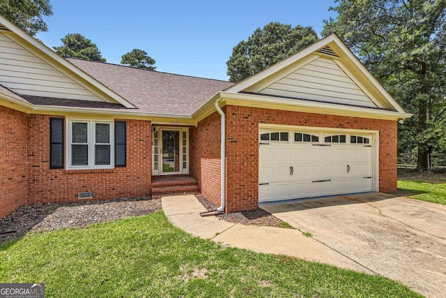 11473 Summer Creek Dr, Hampton, GA 30228 - ranch-style house featuring a shingled roof, driveway, an attached garage, brick siding, and a front yard