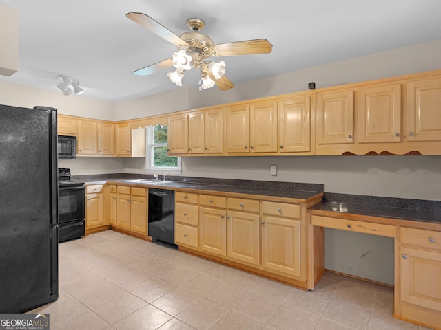 778 Leguin Mill Rd, Locust Grove, GA 30248 - kitchen with black appliances, light brown cabinets, ceiling fan, and light tile patterned floors