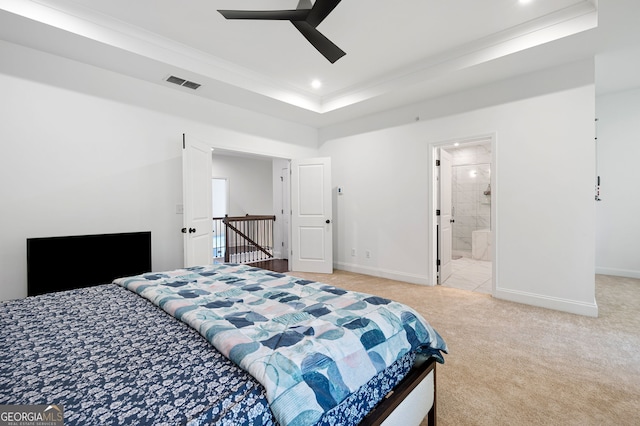 203 Holden Way, Woodstock, GA 30189 - bedroom with a raised ceiling, carpet flooring, recessed lighting, crown molding, and ensuite bathroom