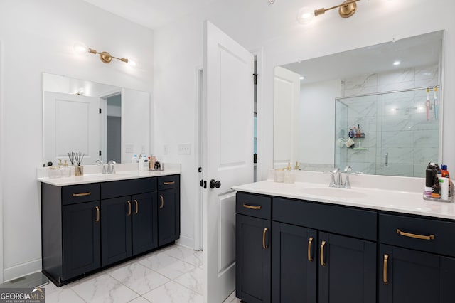 203 Holden Way, Woodstock, GA 30189 - bathroom with marble finish floors, a stall shower, and two vanities
