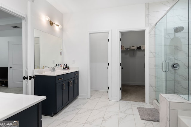 203 Holden Way, Woodstock, GA 30189 - full bathroom featuring marble look tiles, vanity, a stall shower, a walk in closet, and a tub