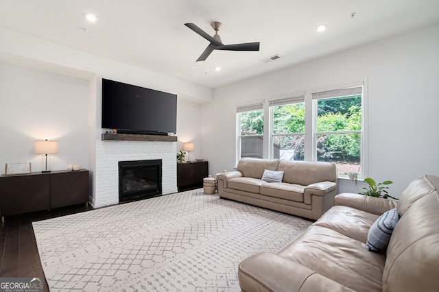 203 Holden Way, Woodstock, GA 30189 - living room featuring hardwood / wood-style flooring, ceiling fan, recessed lighting, and a fireplace