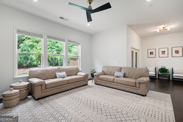 203 Holden Way, Woodstock, GA 30189 - living area featuring hardwood / wood-style flooring, a ceiling fan, and recessed lighting