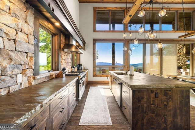 126 Wawayanda Dr, Mineral Bluff, GA 30559 - kitchen with appliances with stainless steel finishes, wall chimney range hood, dark countertops, an island with sink, and a towering ceiling