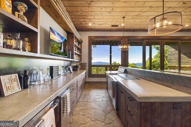 126 Wawayanda Dr, Mineral Bluff, GA 30559 - kitchen featuring open shelves, wood ceiling, stainless steel counters, light stone finish floors, and hanging light fixtures