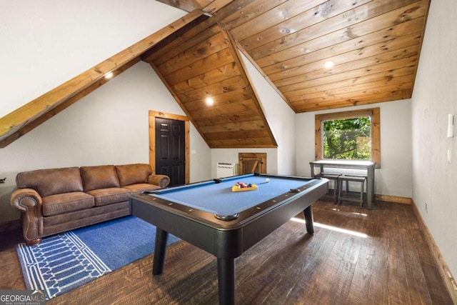 126 Wawayanda Dr, Mineral Bluff, GA 30559 - playroom with hardwood / wood-style floors, wooden ceiling, lofted ceiling, and billiards
