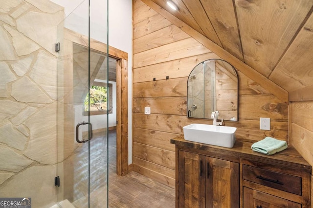 126 Wawayanda Dr, Mineral Bluff, GA 30559 - full bathroom with wood walls, lofted ceiling, vanity, wooden ceiling, and a shower stall