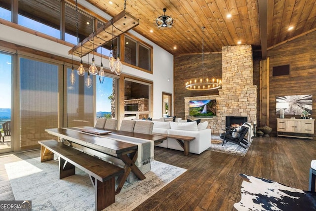 126 Wawayanda Dr, Mineral Bluff, GA 30559 - living room featuring a chandelier, high vaulted ceiling, hardwood / wood-style flooring, plenty of natural light, and wooden ceiling