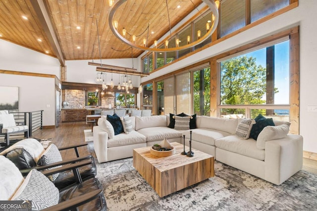 126 Wawayanda Dr, Mineral Bluff, GA 30559 - living area with wood ceiling, wood-type flooring, a chandelier, healthy amount of natural light, and recessed lighting