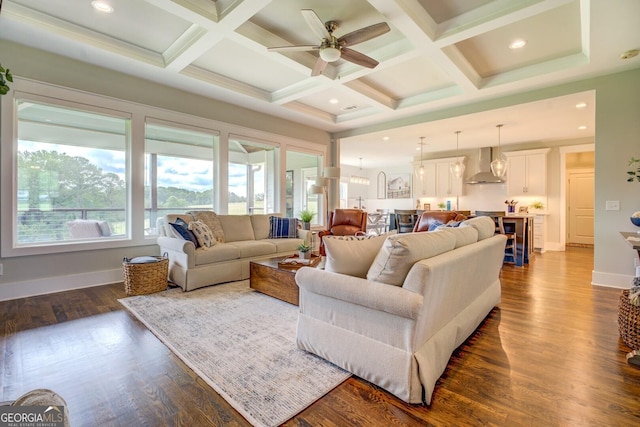 3076 E Lake Rd, Mcdonough, GA 30252 - living area featuring ceiling fan, coffered ceiling, beamed ceiling, dark wood-style flooring, and recessed lighting