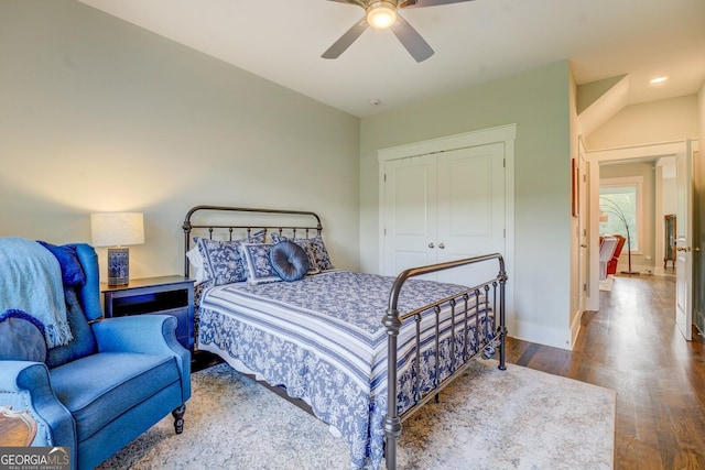 3076 E Lake Rd, Mcdonough, GA 30252 - bedroom featuring a closet, wood finished floors, and a ceiling fan