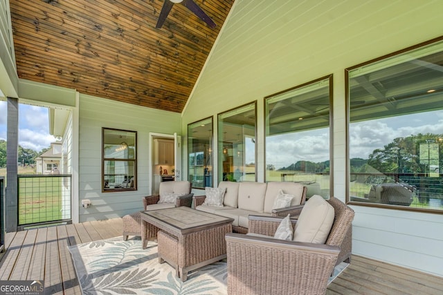 3076 E Lake Rd, Mcdonough, GA 30252 - sunroom / solarium featuring lofted ceiling, ceiling fan, and outdoor lounge area