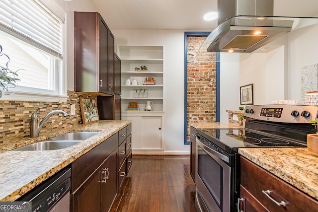 496 Rankin St NE, Atlanta, GA 30308 - kitchen featuring stainless steel appliances, wall chimney range hood, dark wood-style flooring, light stone countertops, and dark brown cabinets