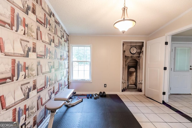 1185 Mp Martin Rd, Brooklet, GA 30415 - exercise area with crown molding, light tile patterned floors, and a textured ceiling