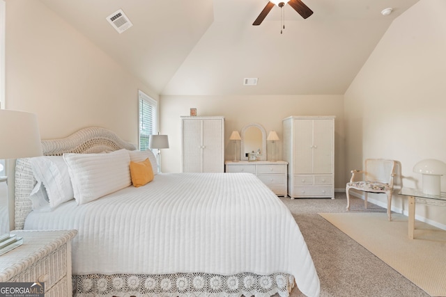 1001 Hartwell Rd, Locust Grove, GA 30248 - bedroom featuring light carpet, lofted ceiling, and ceiling fan