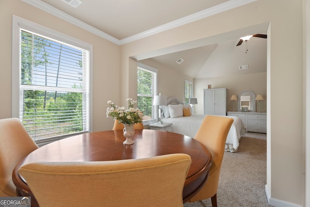 1001 Hartwell Rd, Locust Grove, GA 30248 - dining space with carpet flooring, ornamental molding, and ceiling fan