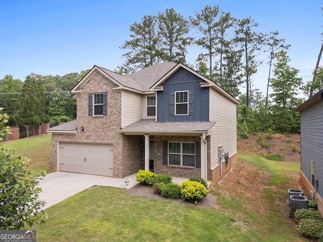 1001 Hartwell Rd, Locust Grove, GA 30248 - traditional home with concrete driveway, an attached garage, brick siding, board and batten siding, and a porch