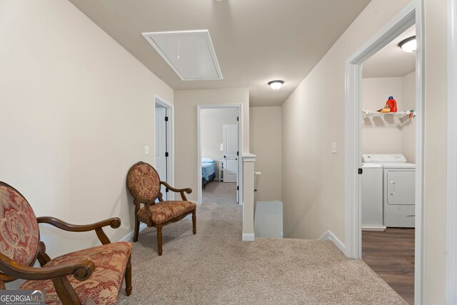 1001 Hartwell Rd, Locust Grove, GA 30248 - sitting room with attic access, washer and dryer, an upstairs landing, and carpet