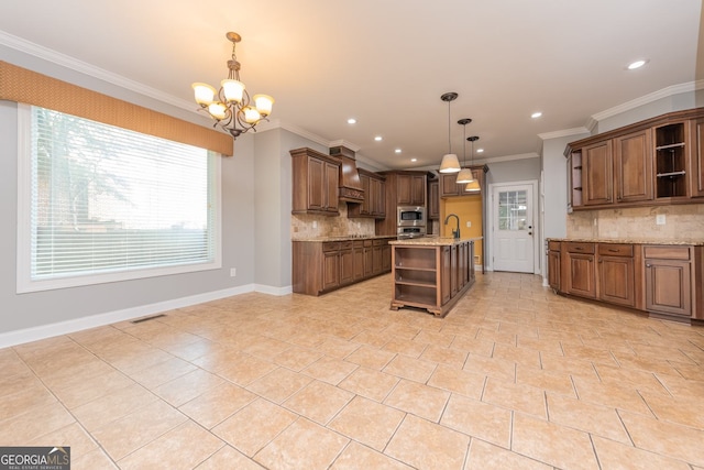 303 Sage Meadows Ln, Bonaire, GA 31005 - kitchen featuring open shelves, appliances with stainless steel finishes, a chandelier, decorative backsplash, and ornamental molding