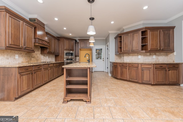303 Sage Meadows Ln, Bonaire, GA 31005 - kitchen featuring open shelves, stainless steel appliances, crown molding, recessed lighting, and tasteful backsplash