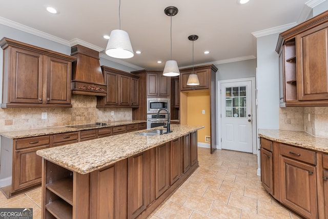 303 Sage Meadows Ln, Bonaire, GA 31005 - kitchen featuring open shelves, stainless steel appliances, custom range hood, recessed lighting, and tasteful backsplash