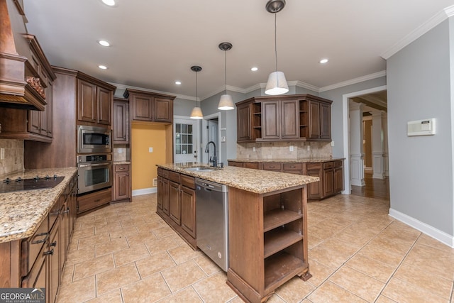 303 Sage Meadows Ln, Bonaire, GA 31005 - kitchen featuring open shelves, appliances with stainless steel finishes, backsplash, recessed lighting, and crown molding