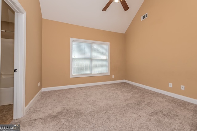 303 Sage Meadows Ln, Bonaire, GA 31005 - unfurnished room with a ceiling fan, carpet floors, and lofted ceiling