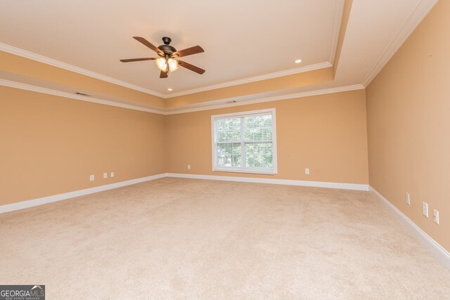 303 Sage Meadows Ln, Bonaire, GA 31005 - unfurnished room with ceiling fan, a tray ceiling, ornamental molding, and light colored carpet