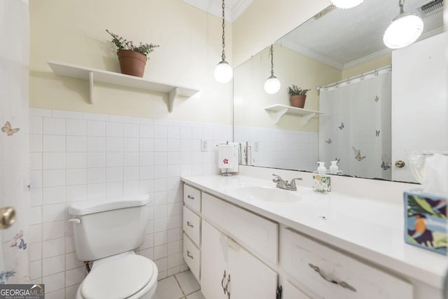 4782 Two Oak Dr, Macon, GA 31210 - full bathroom with crown molding, vanity, tile walls, and a wainscoted wall