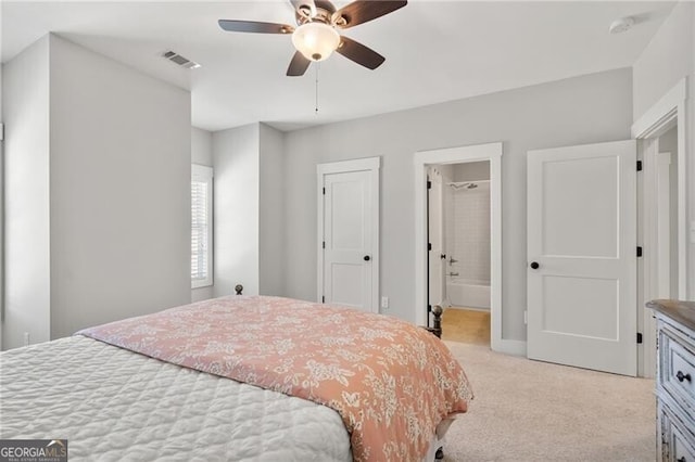 200 Ivy Meadow Way, Ball Ground, GA 30107 - bedroom with light colored carpet, ceiling fan, and ensuite bath
