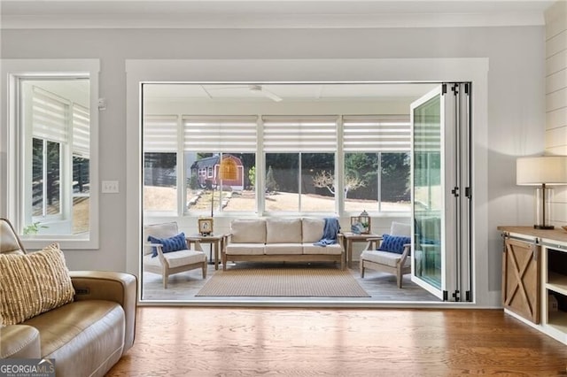 200 Ivy Meadow Way, Ball Ground, GA 30107 - living area featuring wood finished floors and ornamental molding