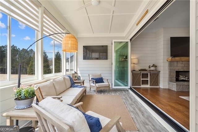 200 Ivy Meadow Way, Ball Ground, GA 30107 - sunroom / solarium featuring an outdoor living space with a fireplace and ceiling fan