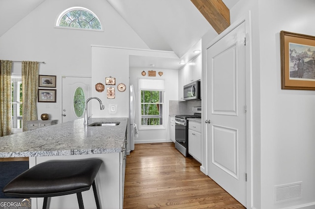 312 Mollie Mountain Trl, Ellijay, GA 30536 - kitchen with appliances with stainless steel finishes, light countertops, white cabinetry, light wood-type flooring, and tasteful backsplash