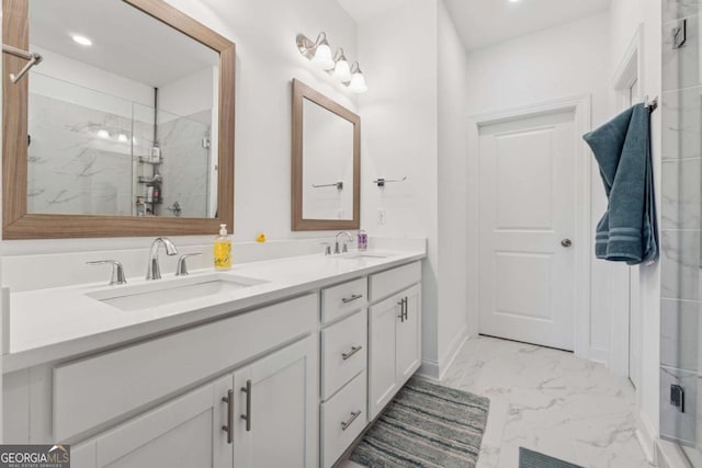 1621 Wellborn Walk, Suwanee, GA 30024 - full bathroom with double vanity, marble look tiles, a tile shower, and recessed lighting