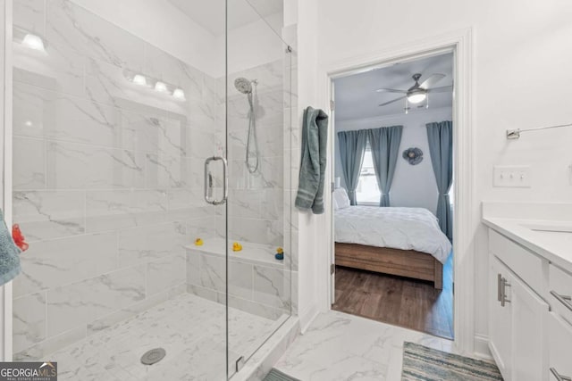 1621 Wellborn Walk, Suwanee, GA 30024 - ensuite bathroom featuring a marble finish shower, vanity, marble finish floors, and ceiling fan